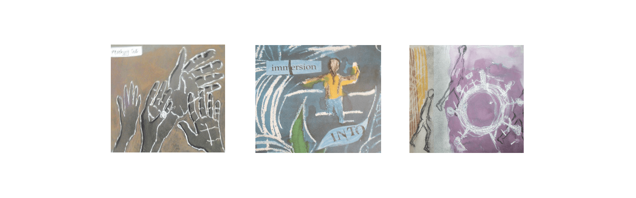 abstract artworks, hands, immersion, figures, figures enter, figures walk, blue background, 3 images